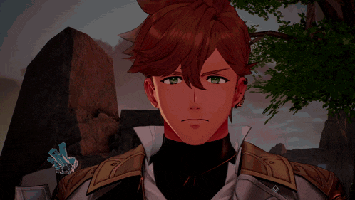 a video game character with red hair and green eyes is standing in front of a large rock