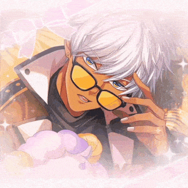 a man with white hair and yellow glasses is holding a stuffed animal