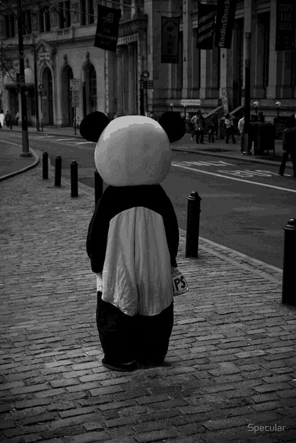a black and white photo of a panda bear standing on a brick sidewalk