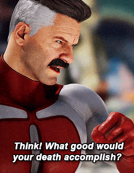 a man with a mustache and a red and white suit says think what good would your death accomplish