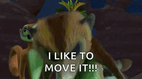 a green cartoon character is holding a green light saber and saying `` i like to move it ! ''