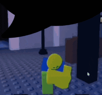 a yellow and blue roblox character is standing in a dark room with a black background