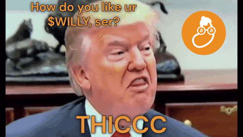 a picture of donald trump with the caption " how do you like ur $ willy, ser "
