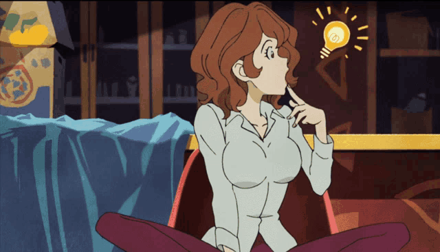 a cartoon of a woman with a light bulb in the background