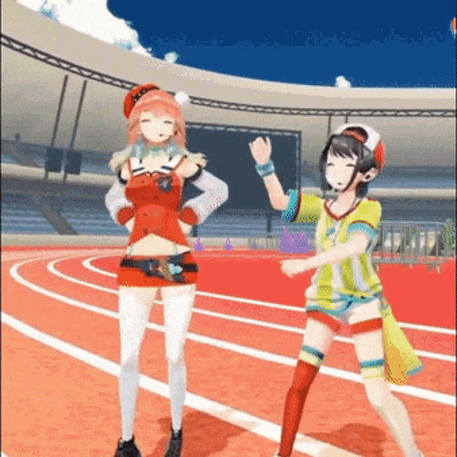 two anime girls are dancing on a track