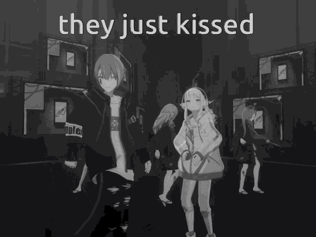 a black and white photo of two anime characters with the words they just kissed