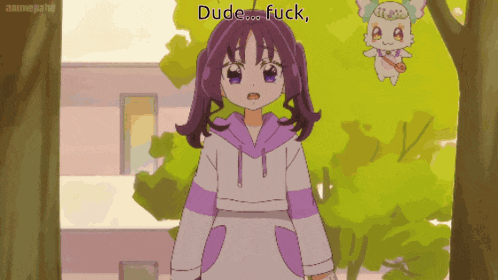 a girl in a purple hoodie says dude fuck in front of a tree