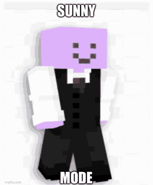 a purple minecraft character is wearing a suit and tie and says sunny mode .