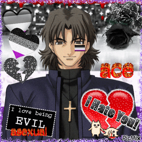 a picture of a man with the words i love being evil asexual on it