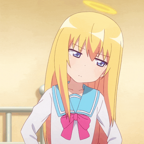 a girl with blonde hair and a pink bow is wearing a school uniform