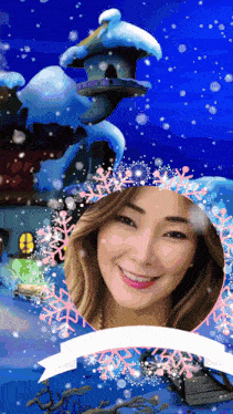 a picture of a woman surrounded by snowflakes