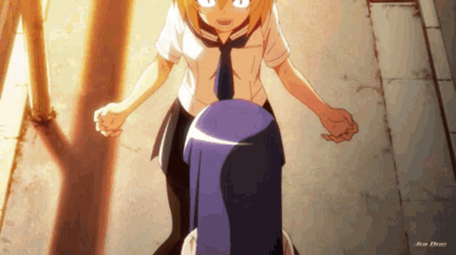 a girl in a sailor uniform is standing next to another girl in a blue shirt