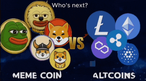 a meme coin vs altcoins graphic shows a doge and a viking