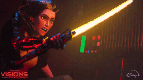 a poster for disney 's visions shows a woman holding a lightsaber