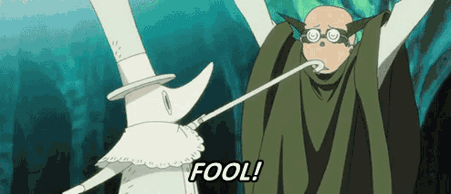 a cartoon character is holding a rope around another character 's neck and saying fool !