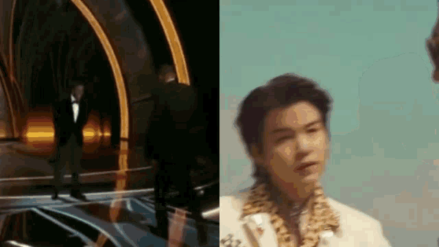 a man in a tuxedo is walking on a stage next to a man in a leopard print shirt .