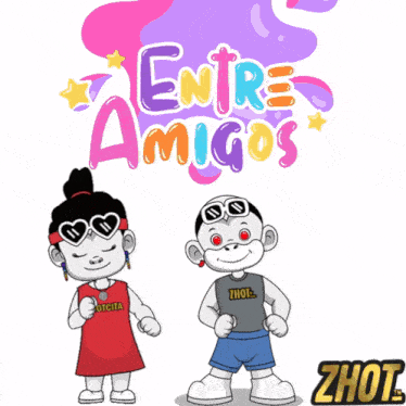 a cartoon drawing of a girl and a monkey with the words entre amigos above them