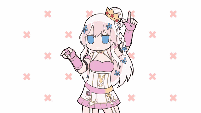 a drawing of a girl with a crown on her head surrounded by pink crosses