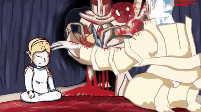 a cartoon drawing of a child sitting in front of a monster