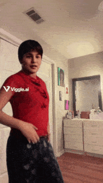 a young boy in a red shirt is dancing in a room with a viggle.ai sticker on his shirt