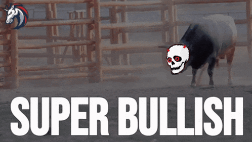 a bull in a fenced in area with the words super bullish written below it