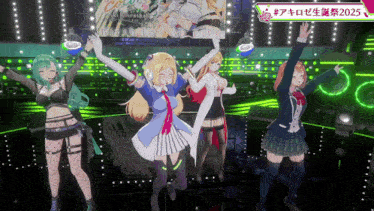 four anime girls are dancing on a stage with a sign that says 2025 on it