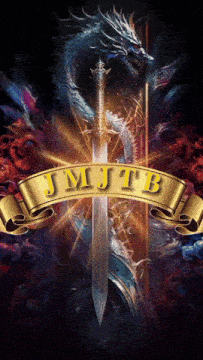 a poster with a dragon and a sword with the name jmjtb on it