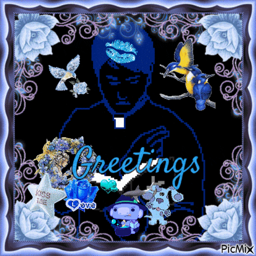a picture of a man with a kiss on his face and the words greetings on the bottom