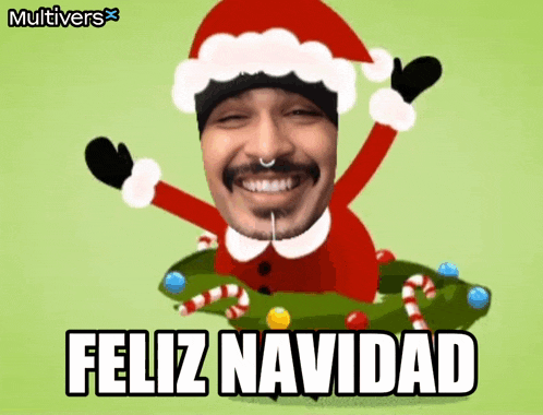 a cartoon of a man dressed as santa claus with the words feliz navidad written below him