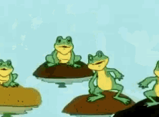 frogs are dancing on rocks in the water