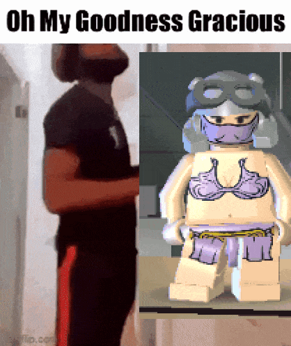 a man standing next to a lego figure with the words oh my goodness gracious on the bottom