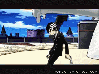 a cartoon of a man holding a gun and the words make gifs at gifsoup.com