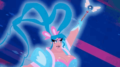 a cartoon drawing of a woman with blue hair holding a magic wand