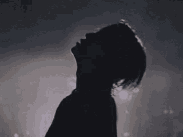 a silhouette of a person standing in front of a stage with smoke coming out of their ears .