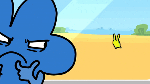 a blue cartoon character with an angry face is looking at a yellow object