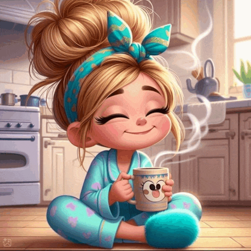 a little girl is sitting on the floor holding a cup of coffee and smiling