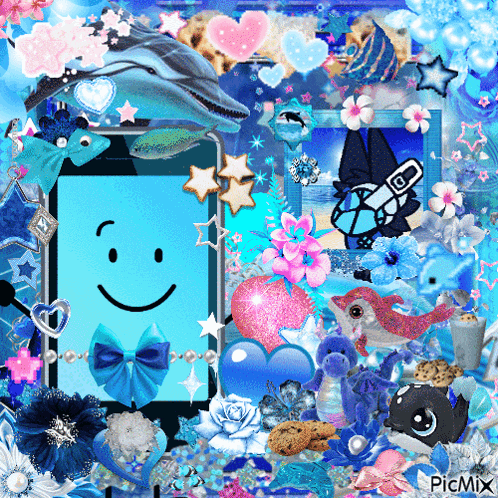 a phone with a smiley face on the screen is surrounded by blue and pink objects