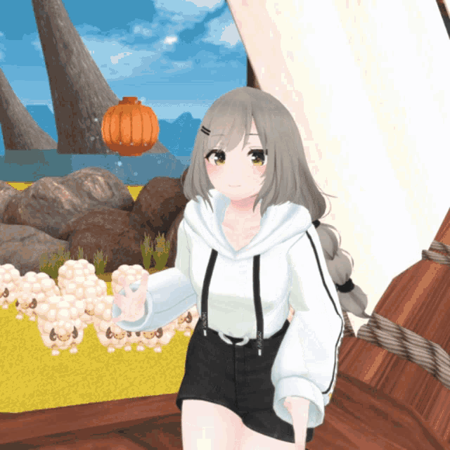 a girl in a white hoodie and black shorts stands in front of a bunch of sheep