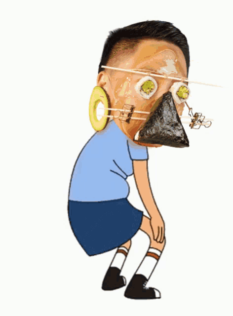 a cartoon of a person with a triangle of food in his mouth