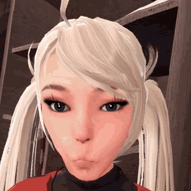 a cartoon girl with blonde hair and blue eyes making a funny face