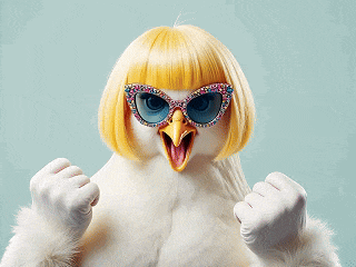 a picture of a bird wearing sunglasses and a yellow wig with the word pvc behind it