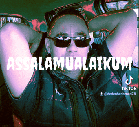 a man wearing sunglasses has his hands behind his head and the words assalamualaikum are above him