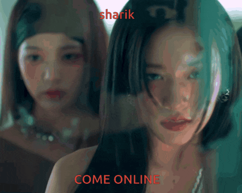 two women are standing next to each other and the words come online are on the bottom