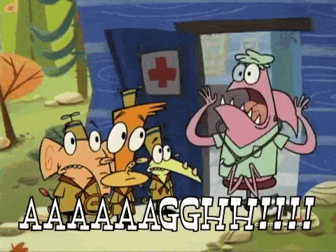a group of cartoon characters are standing in front of a building with a red cross on it ..