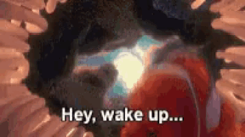a picture of a fish with the words hey wake up written on it