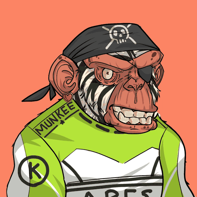 a monkey wearing a green shirt with munkee written on the sleeve