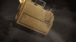 a briefcase is flying through the air on a dark background .