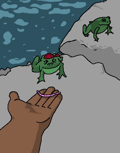 a pixel art drawing of a frog wearing a red hat holding a worm