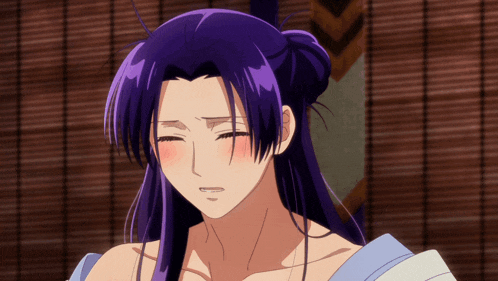 a purple haired anime character with her eyes closed and her mouth open
