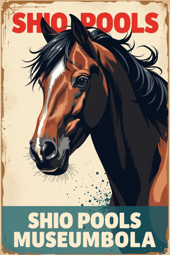 a poster for shio pools museum bola shows a brown horse